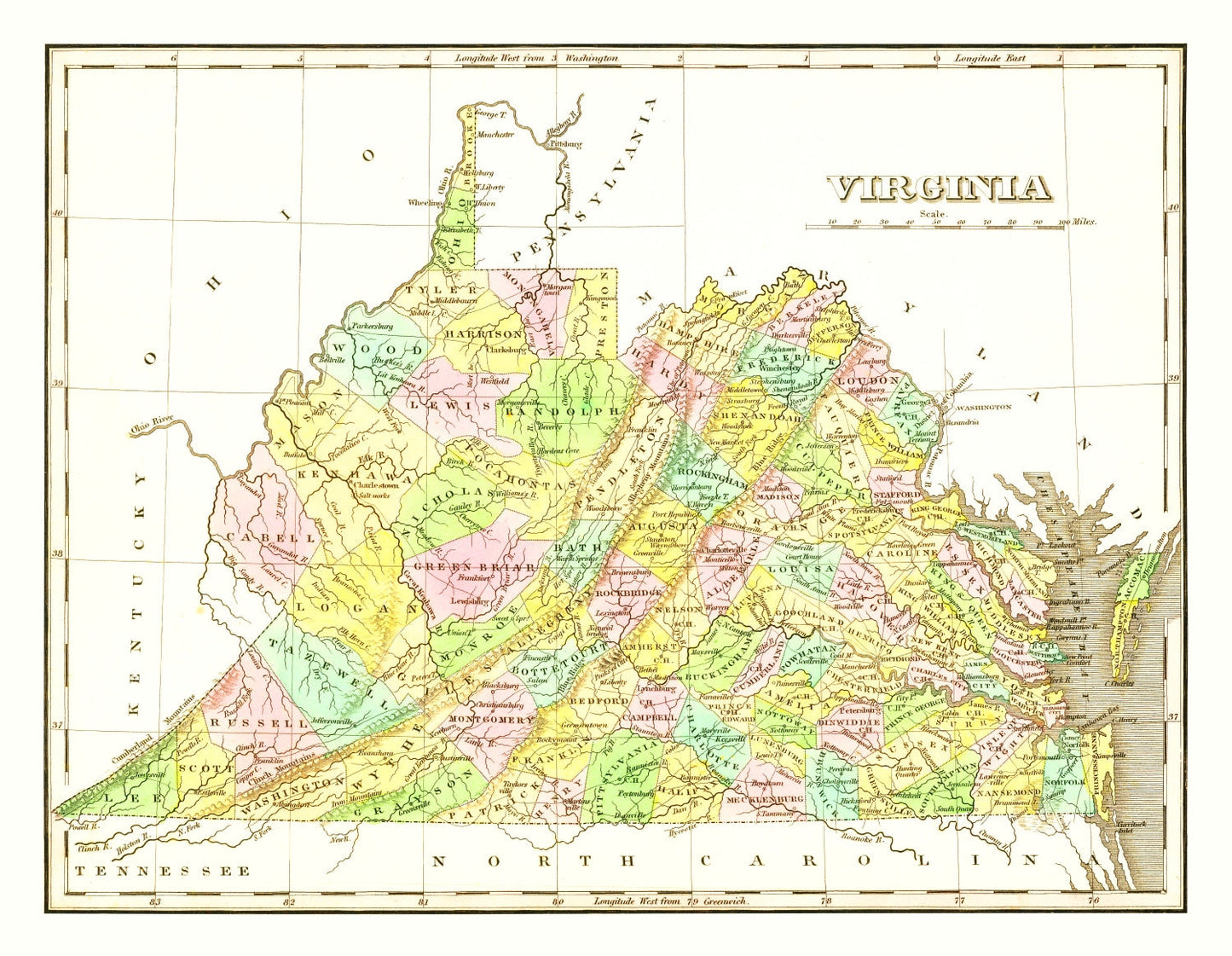 Vintage Map of Virginia, 1824 Wall Art