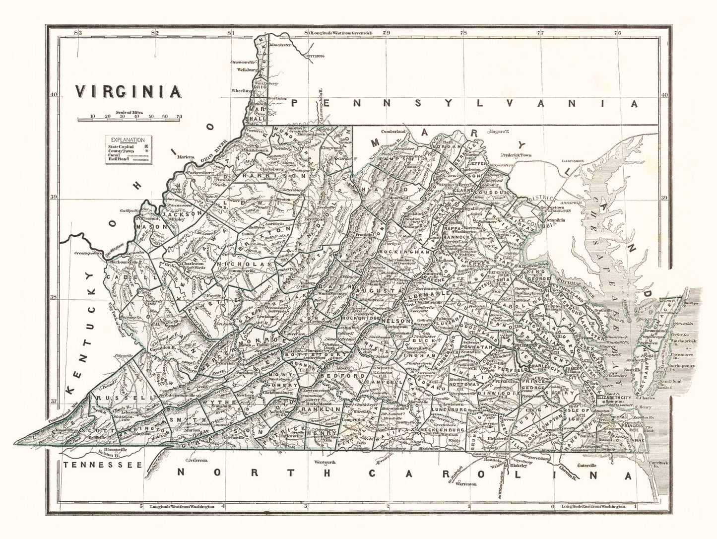 Vintage Map of Virginia, 1842 Wall Art