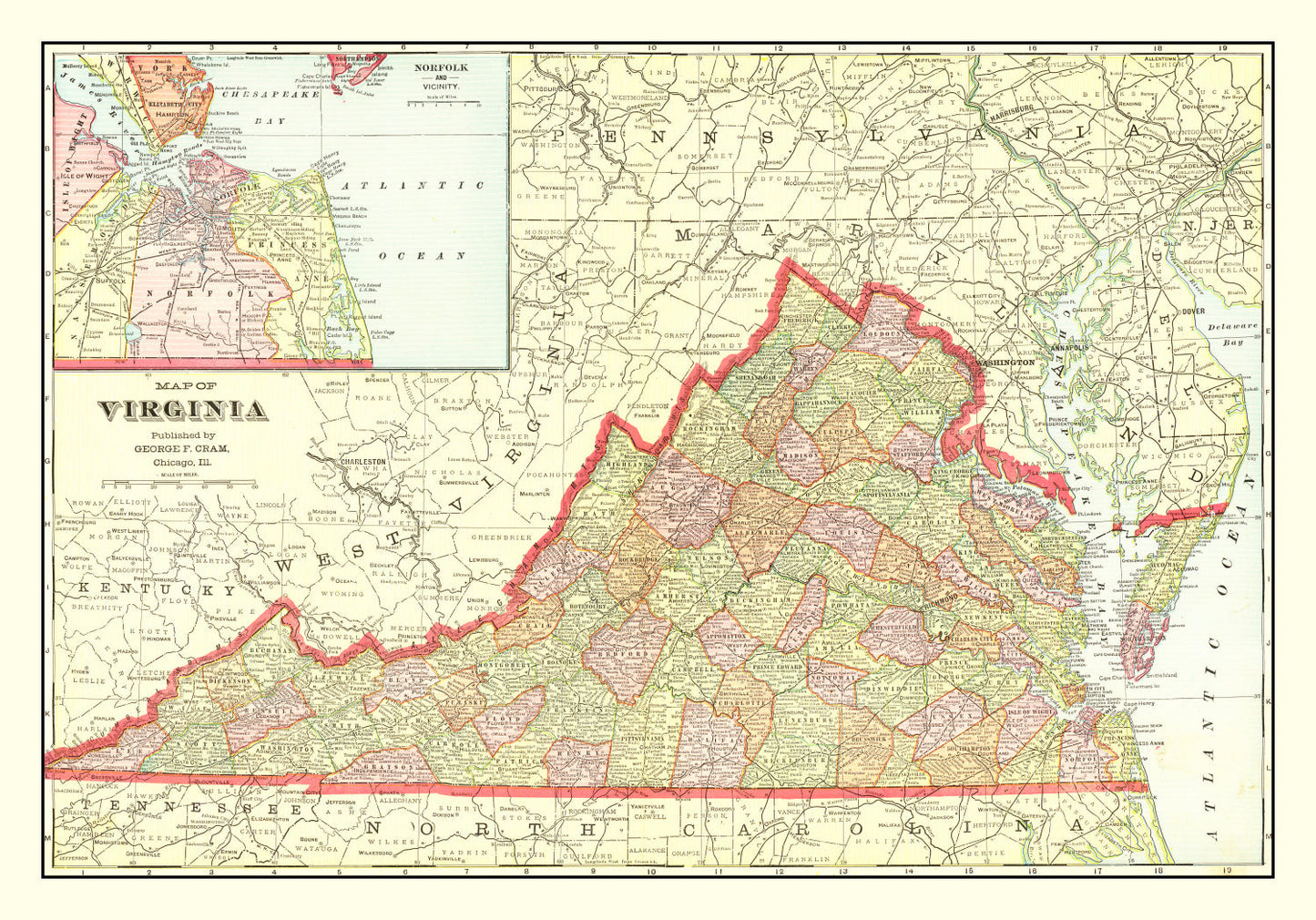 Vintage Map of Virginia, 1908