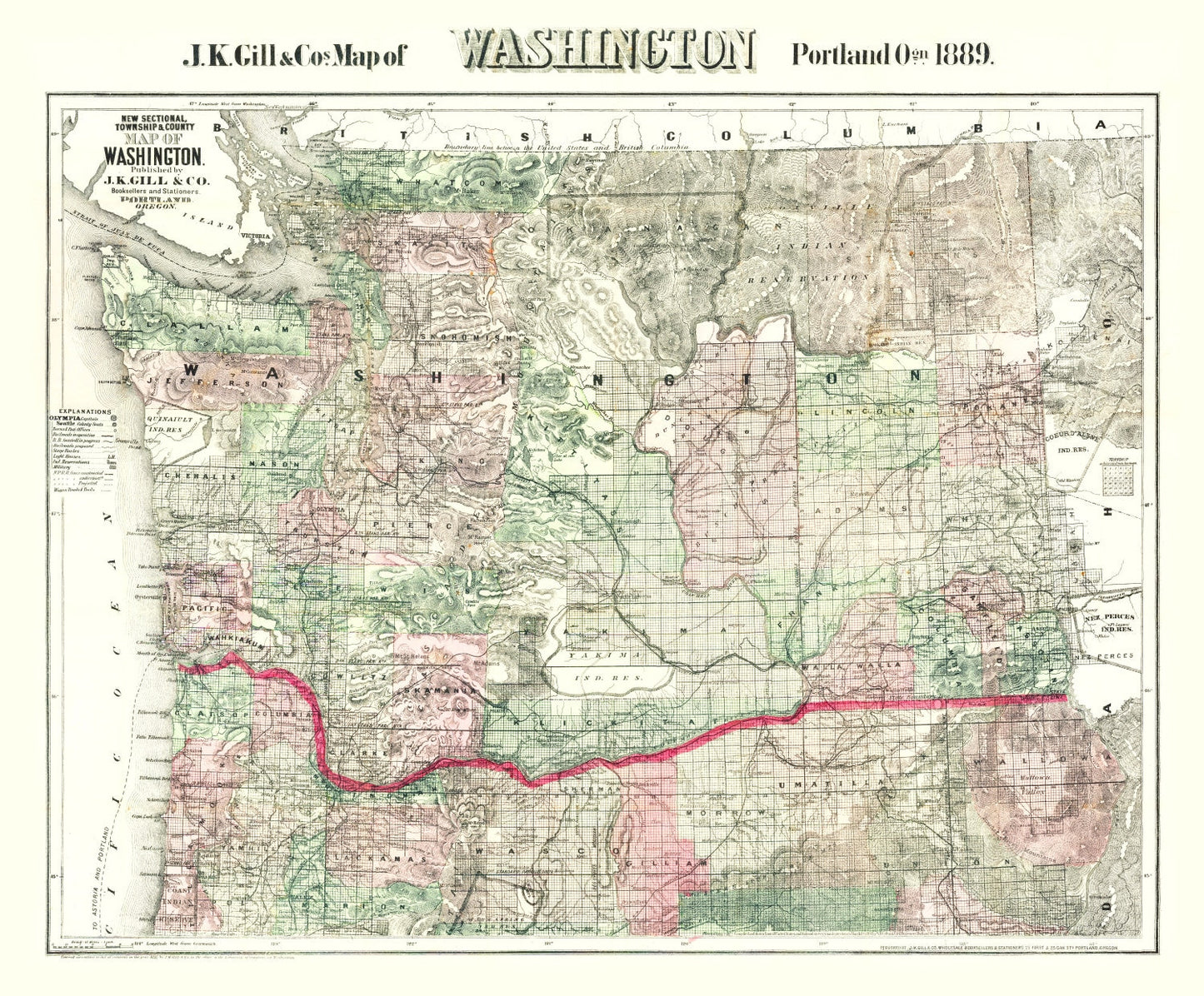 Vintage Map of Washington State, 1889