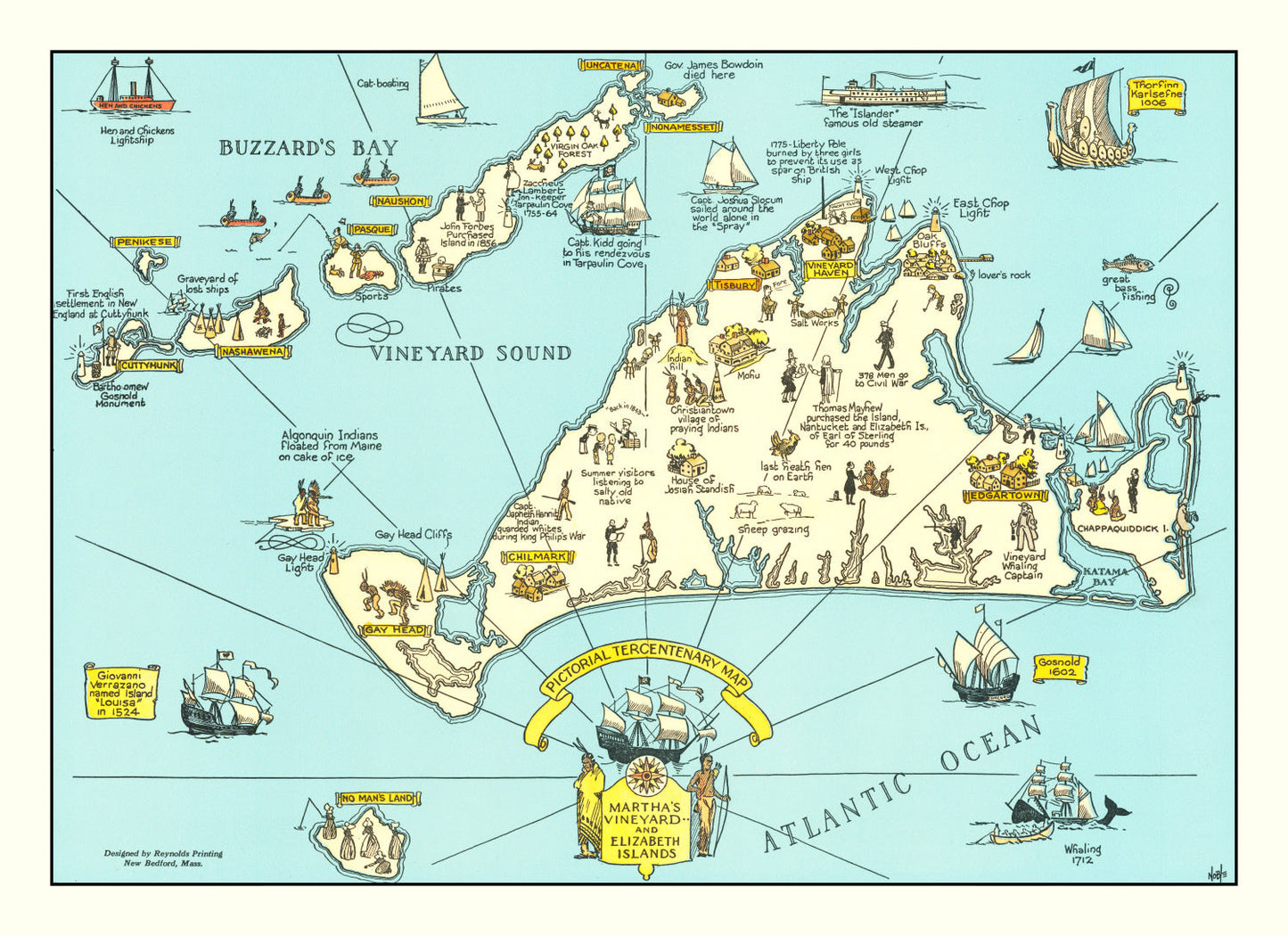 Vintage Pictorial Map of Martha's Vineyard, Massachusetts, 1930