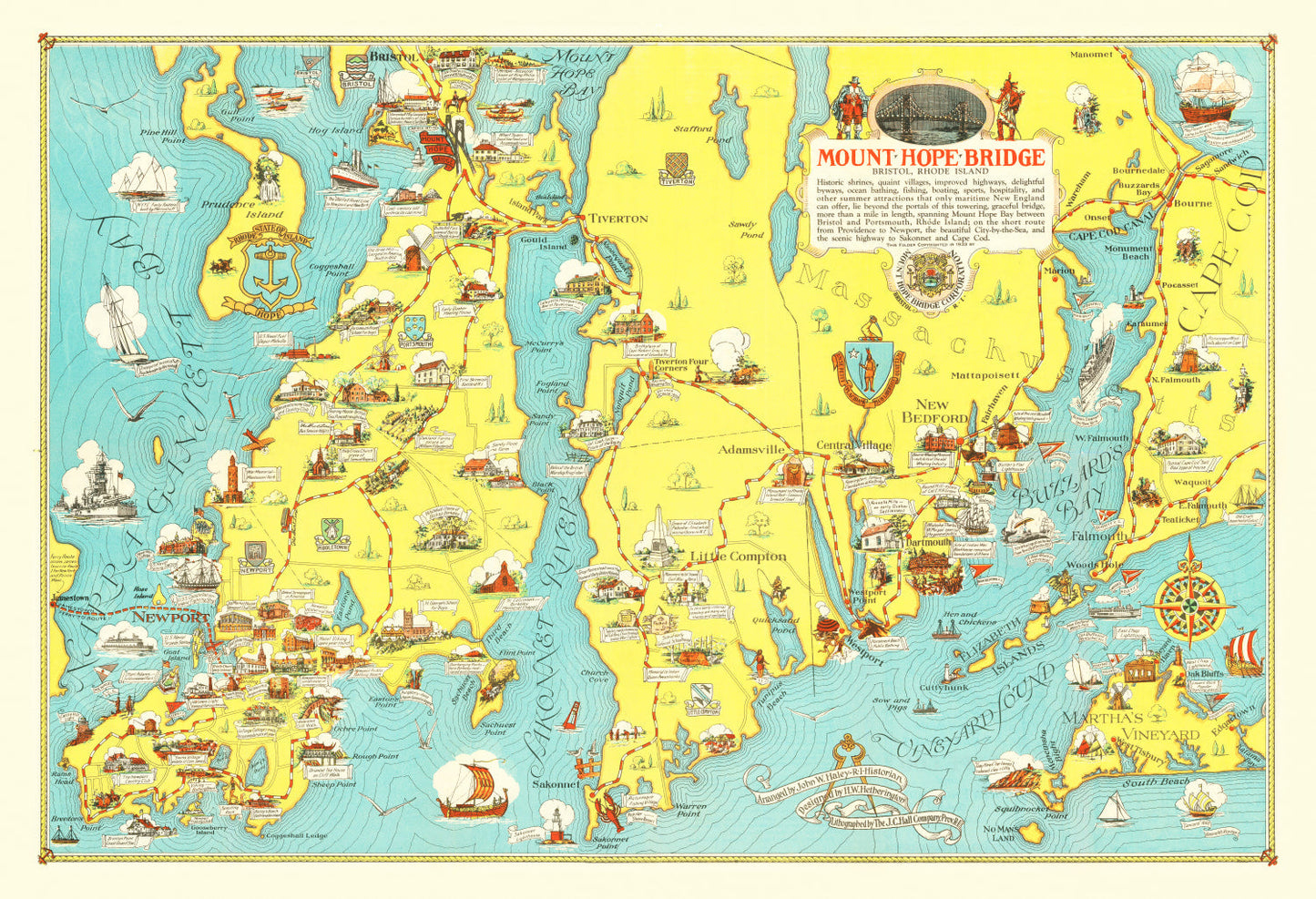 Vintage Pictorial Map of Mount Hope Bay, Rhode Island, 1933