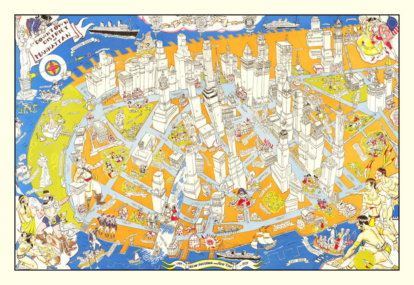 Vintage Pictorial Map of Downtown Manhattan, New York, 1938