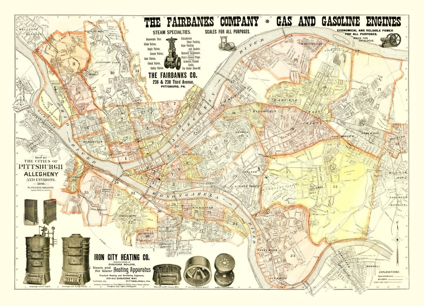 Vintage Map of Pittsburgh, Pennsylvania, 1898