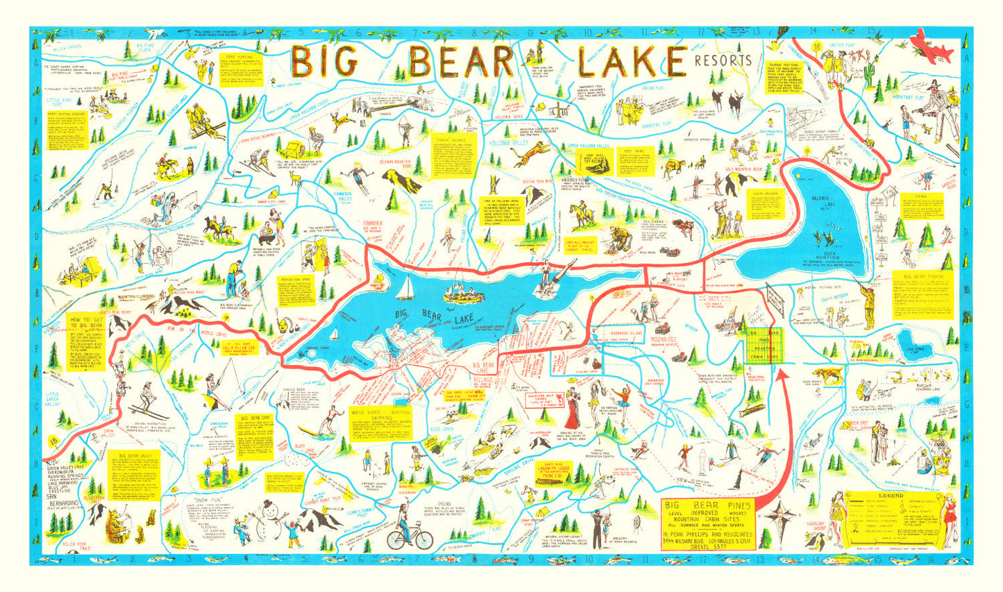 Vintage Souvenir Map of Big Bear Lake, California, 1947