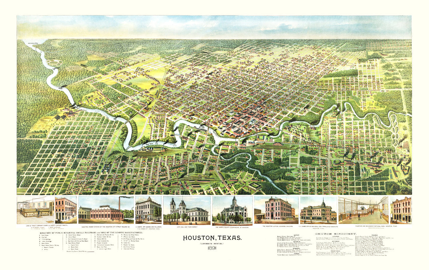 Vintage Map of Houston, Harris County, Texas, 1891