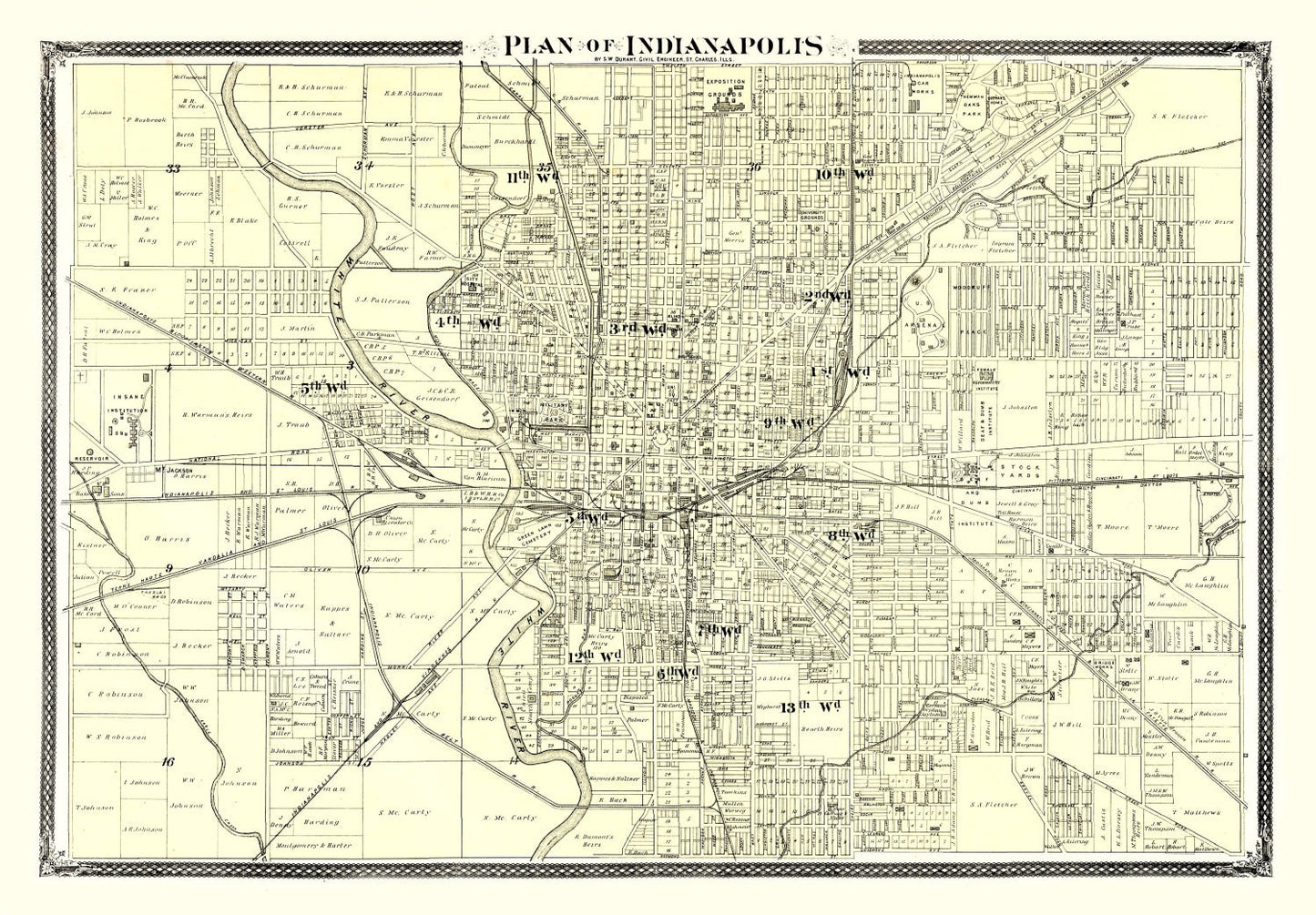 Vintage Map of Indianapolis, Indiana, 1876