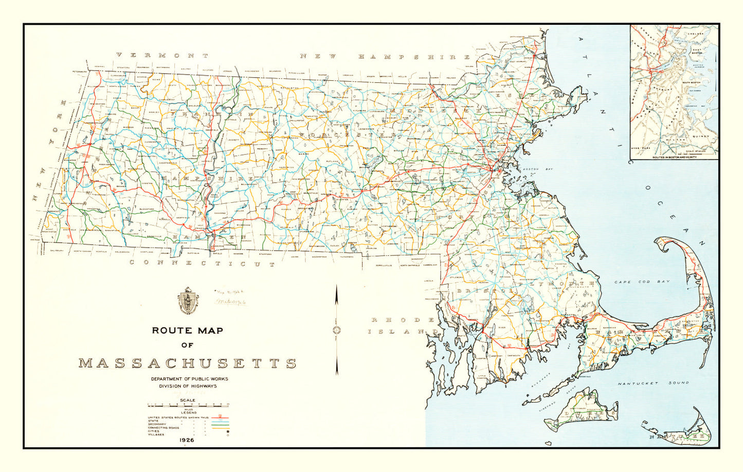 Vintage Map of Massachusetts, 1926