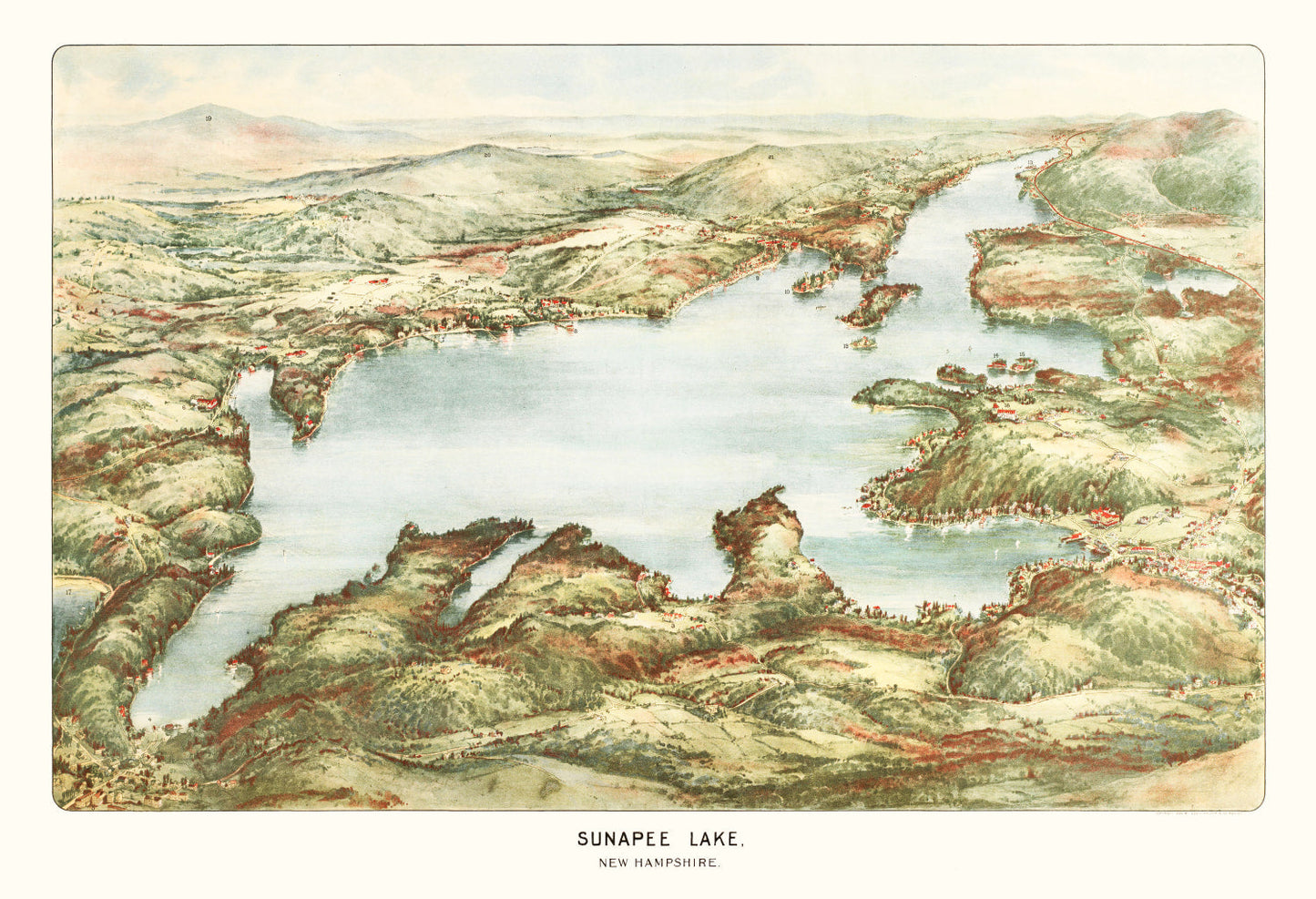 Vintage Map of Sunapee Lake, New Hampshire, 1905