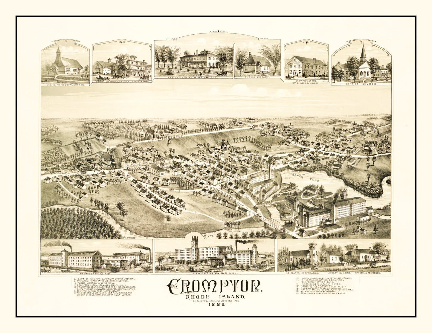 Vintage Map of Crompton, Rhode Island, 1889