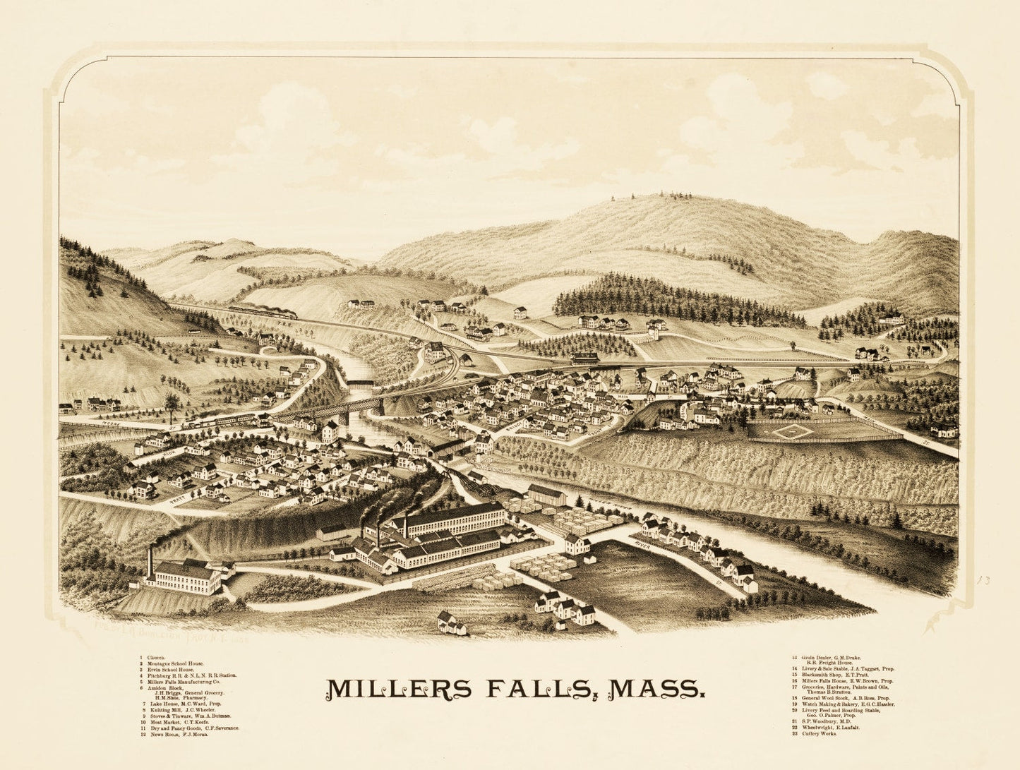 Vintage Map of Millers Falls, Massachusetts, 1889