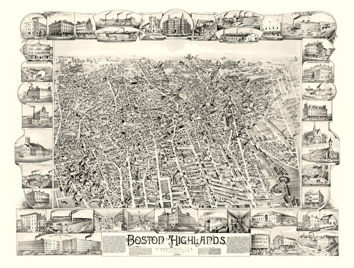 Boston Highlands, Massachusetts Vintage Map, 1888 - Suffolk