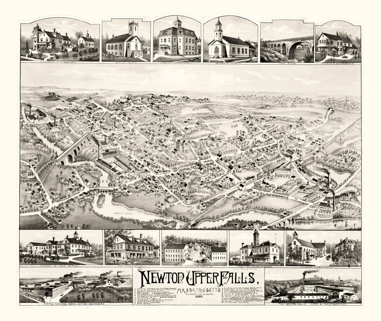 Vintage Map of Newton Upper Falls, Massachusetts, 1888