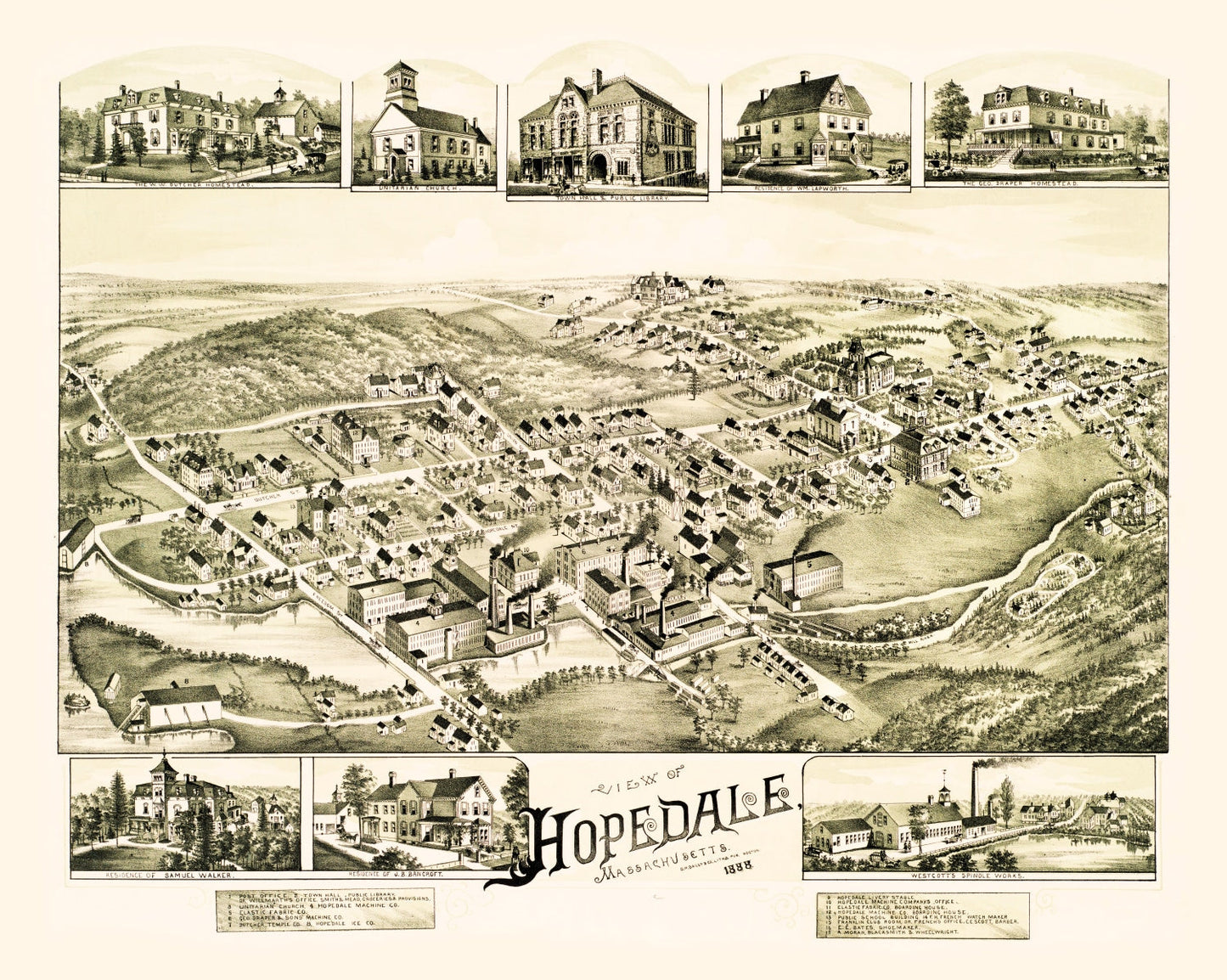 Vintage Map of Hopedale, Worcester County, Massachusetts, 1888