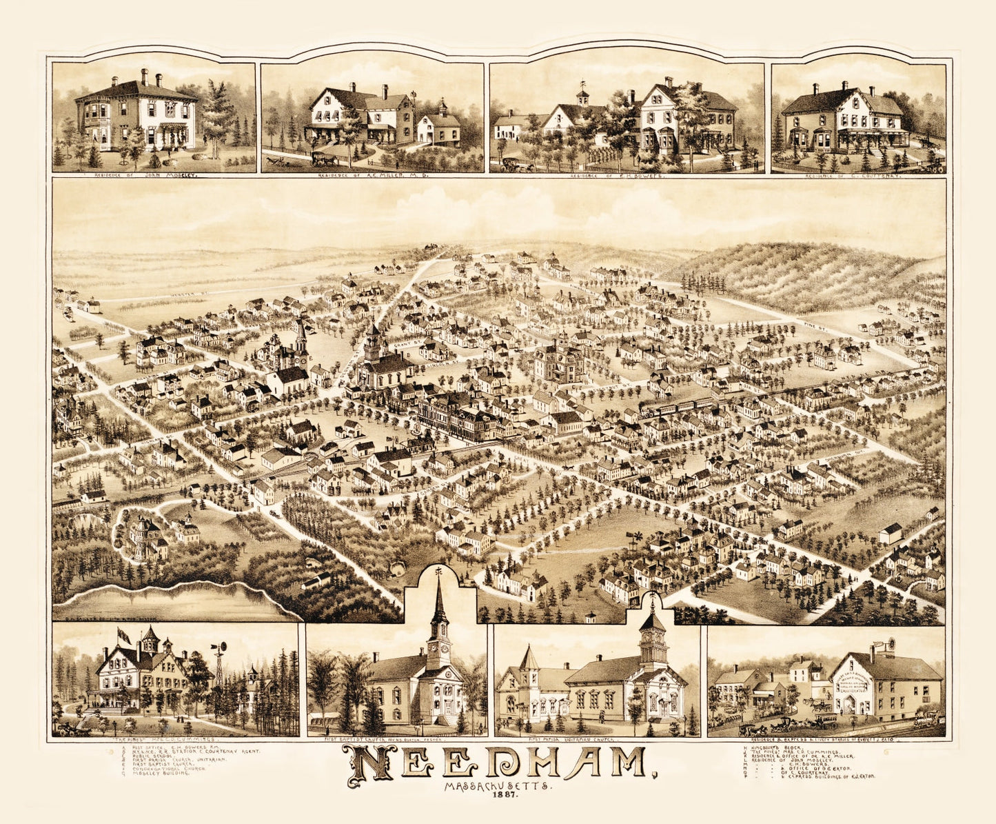 Vintage Map of Needham, Massachusetts, 1887