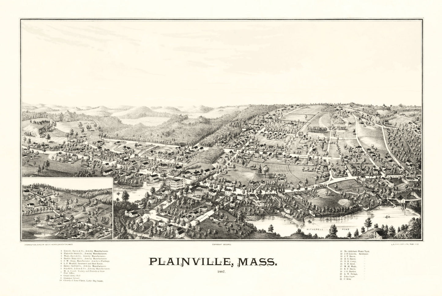 Vintage Map of Plainville, Massachusetts, 1887