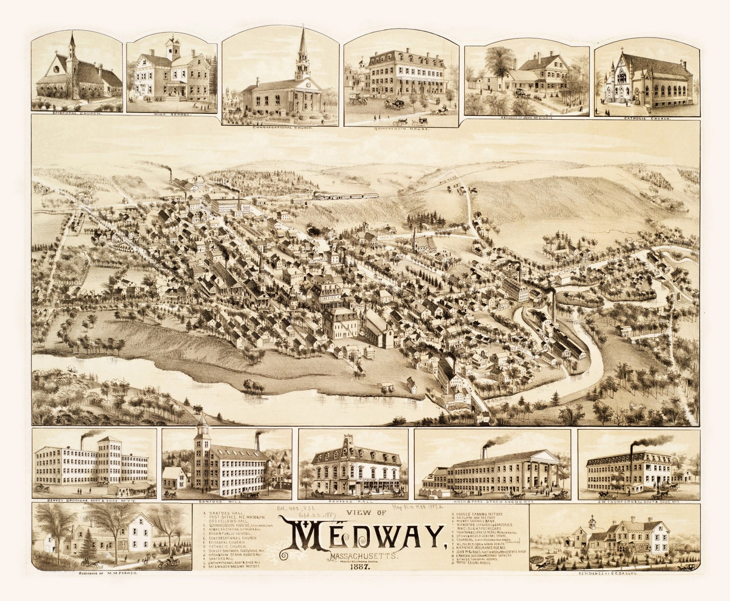 Vintage Map of Medway, Massachusetts, 1887
