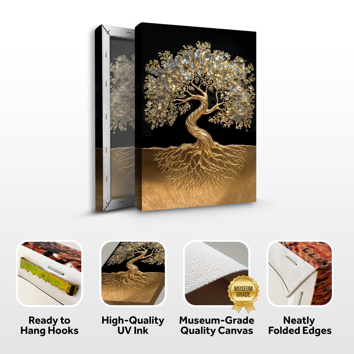 Gold tree of life canvas front and side, with text: Ready to Hang Hooks, High-Quality UV Ink, Museum-Grade Quality Canvas, Neatly Folded Edges