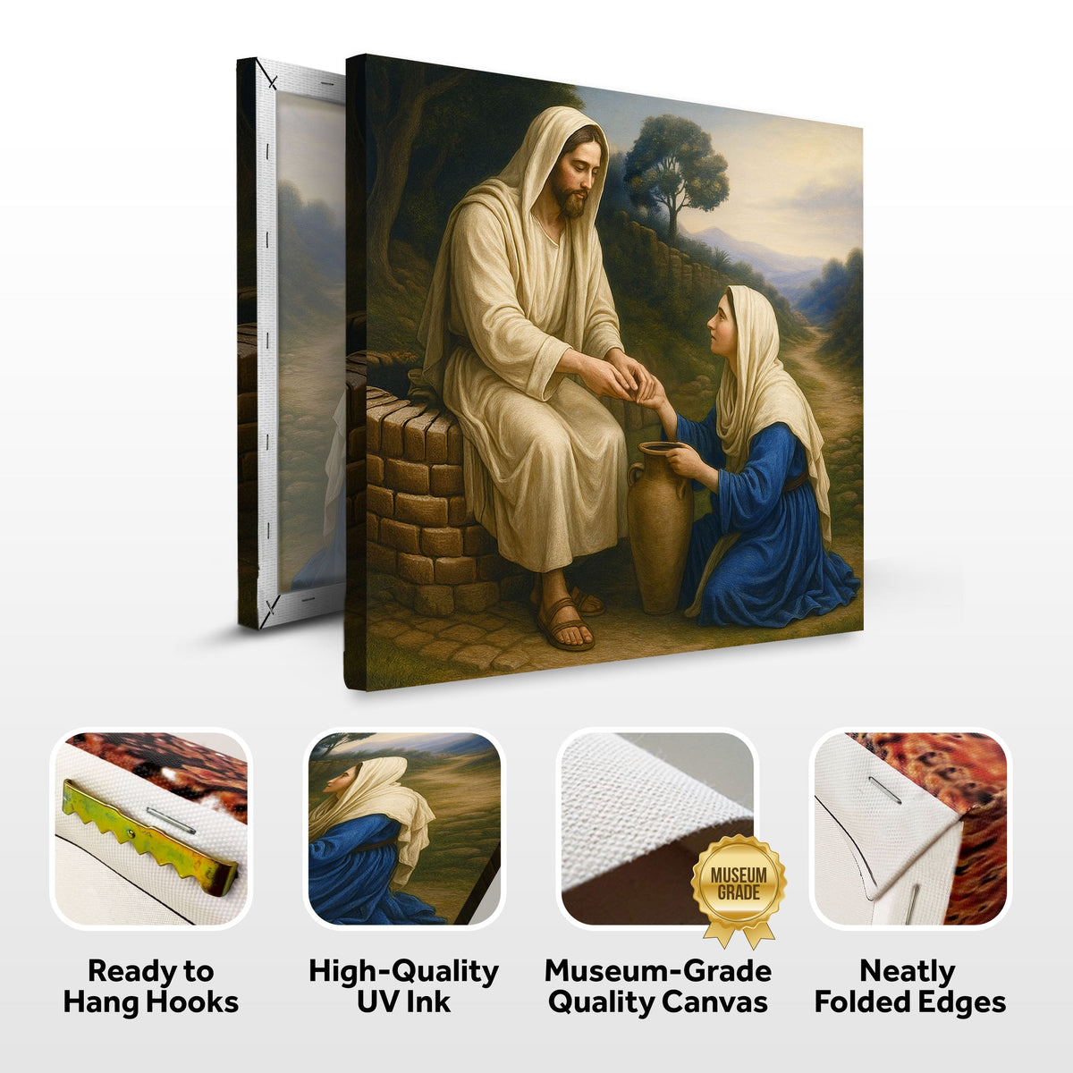 Jesus and the Samaritan woman canvas front and side, with text: Ready to Hang Hooks, High-Quality UV Ink, Museum-Grade Quality Canvas, Neatly Folded Edges