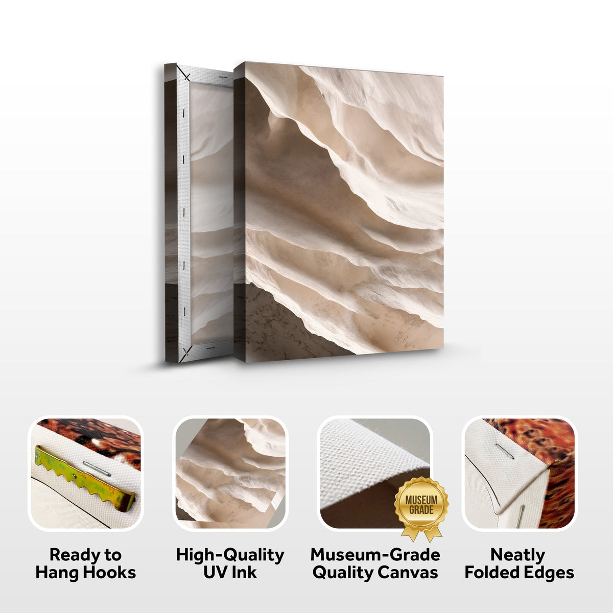 Neutral Cream and Grey Fold Abstract canvas front and side, with text: Ready to Hang Hooks, High-Quality UV Ink, Museum-Grade Quality Canvas, Neatly Folded Edges