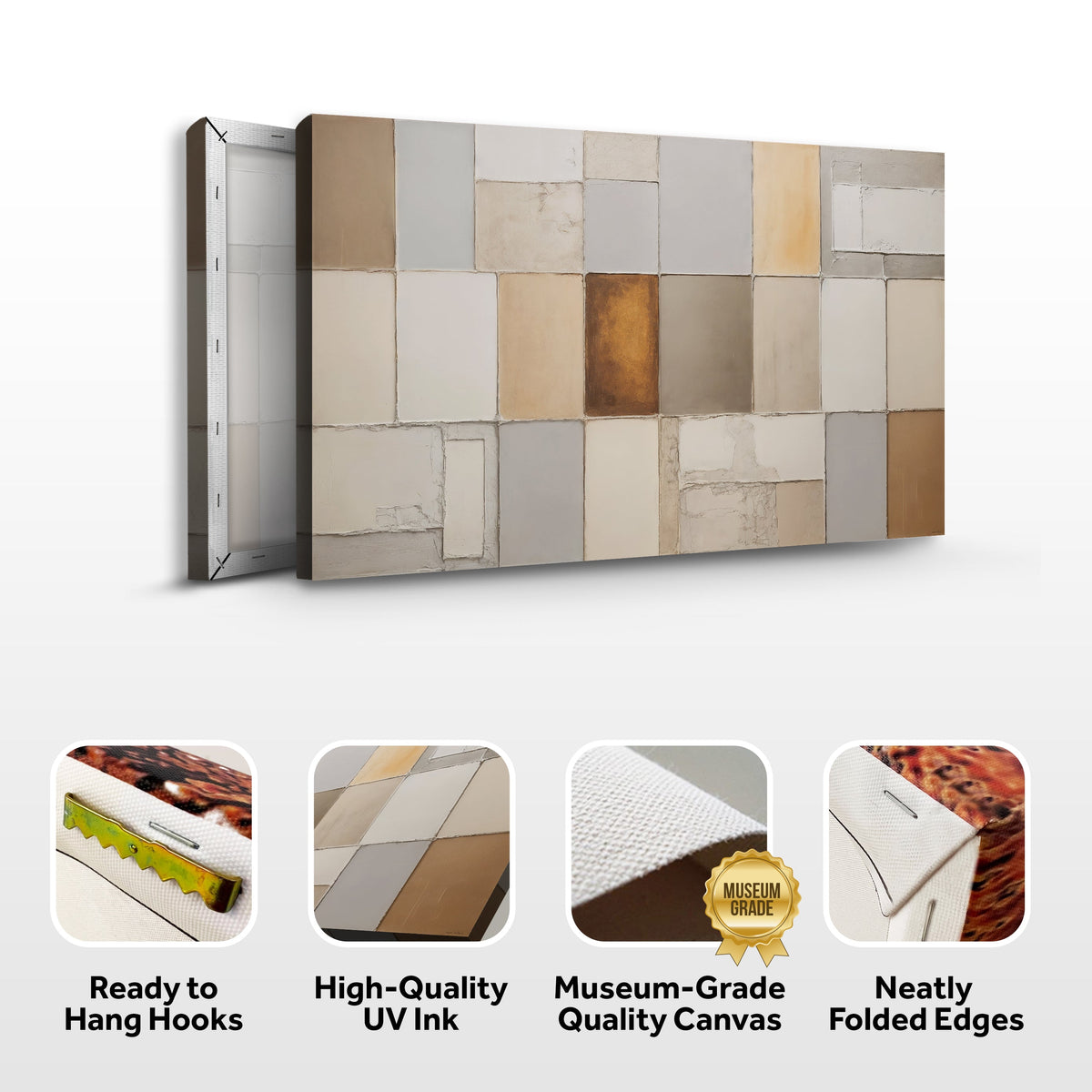 Earth Tone Patchwork Abstract canvas front and side, with text: Ready to Hang Hooks, High-Quality UV Ink, Museum-Grade Quality Canvas, Neatly Folded Edges