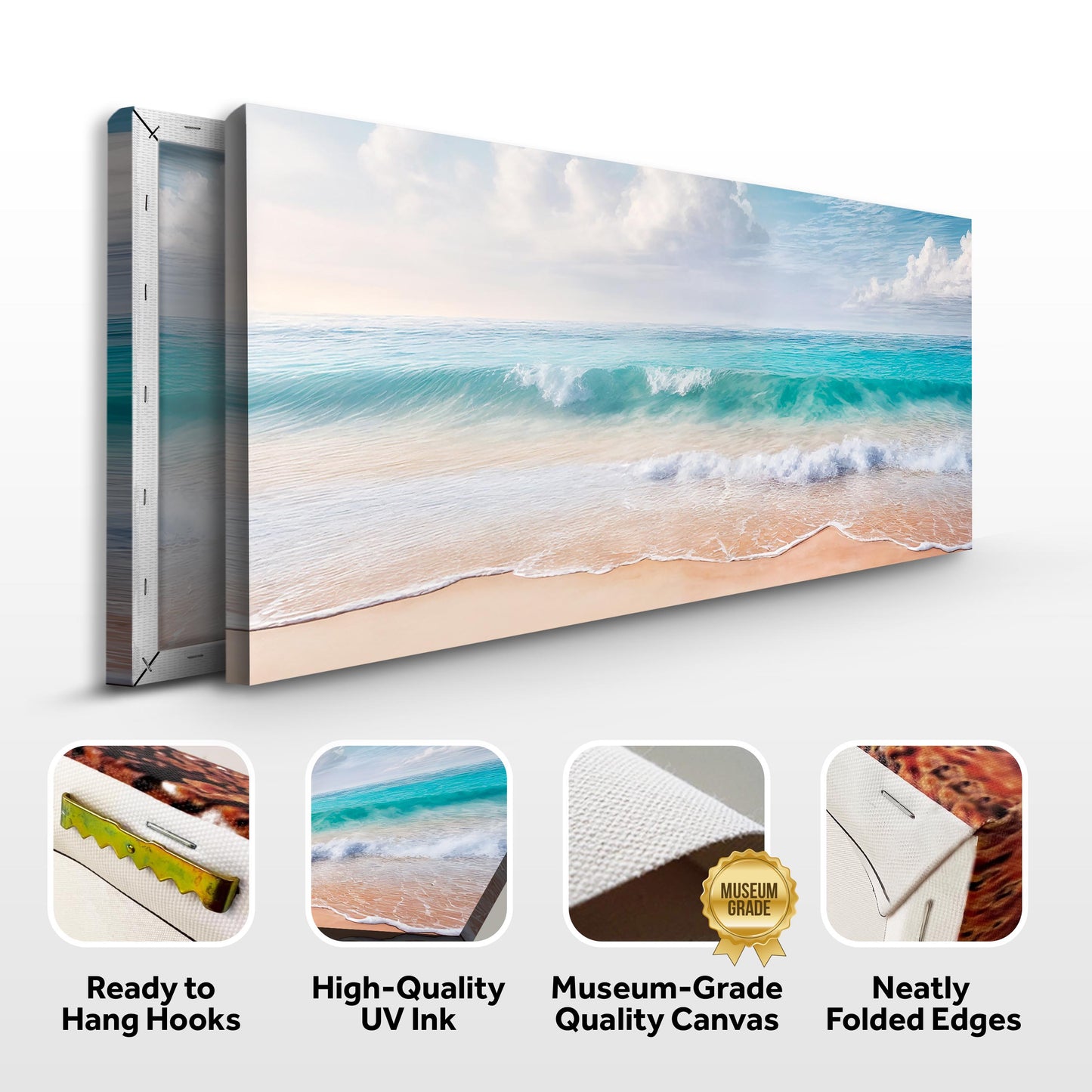 Turquoise Surf on Pink Sand canvas front and side, with text: Ready to Hang Hooks, High-Quality UV Ink, Museum-Grade Quality Canvas, Neatly Folded Edges