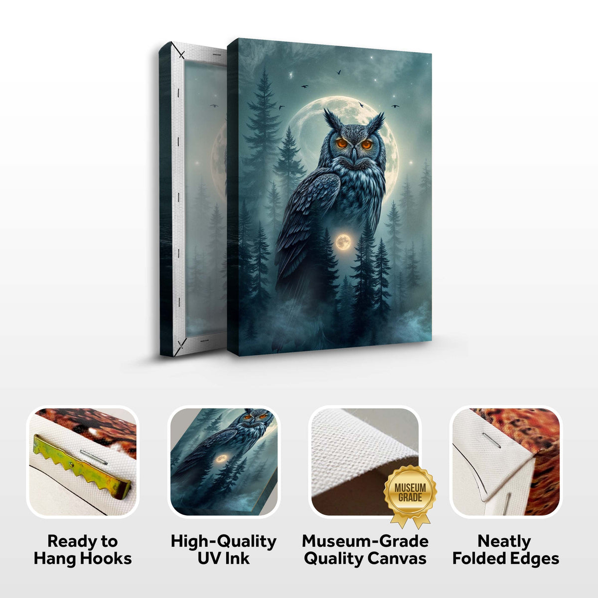 Grey owl canvas front and side, with text: Ready to Hang Hooks, High-Quality UV Ink, Museum-Grade Quality Canvas, Neatly Folded Edges
