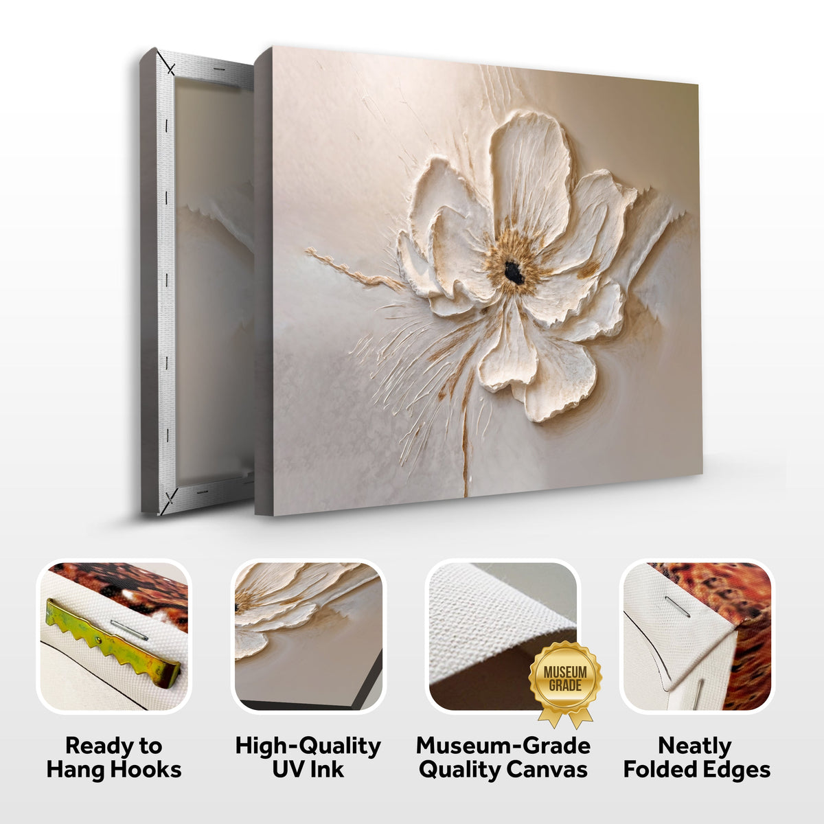 Large white flower canvas front and side, with text: Ready to Hang Hooks, High-Quality UV Ink, Museum-Grade Quality Canvas, Neatly Folded Edges