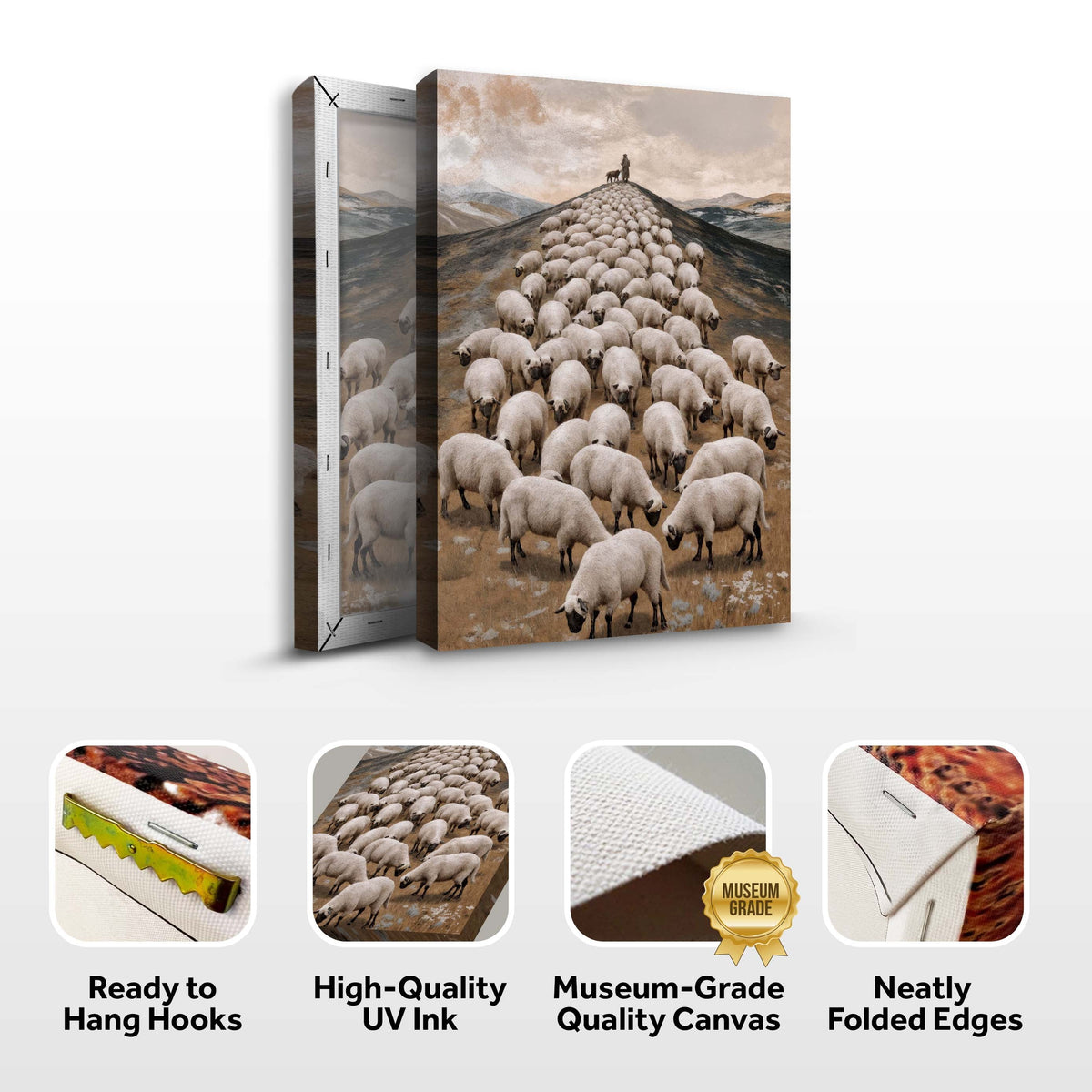 Flock of sheep uphill canvas front and side, with text: Ready to Hang Hooks, High-Quality UV Ink, Museum-Grade Quality Canvas, Neatly Folded Edges