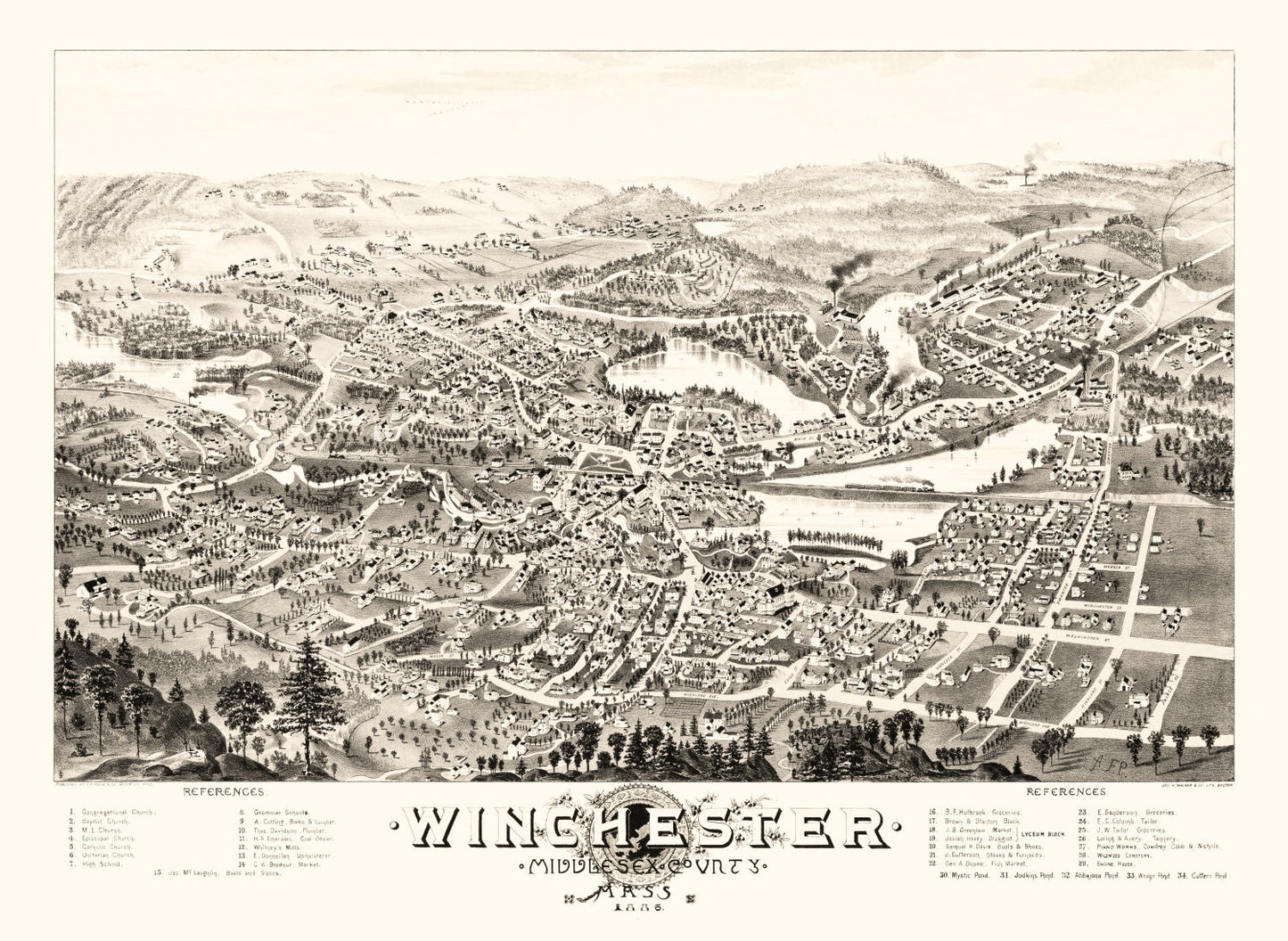 Vintage Map of Winchester, Massachusetts, 1886