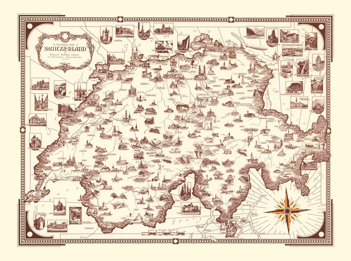 Vintage Pictorial Map of Switzerland, 1936