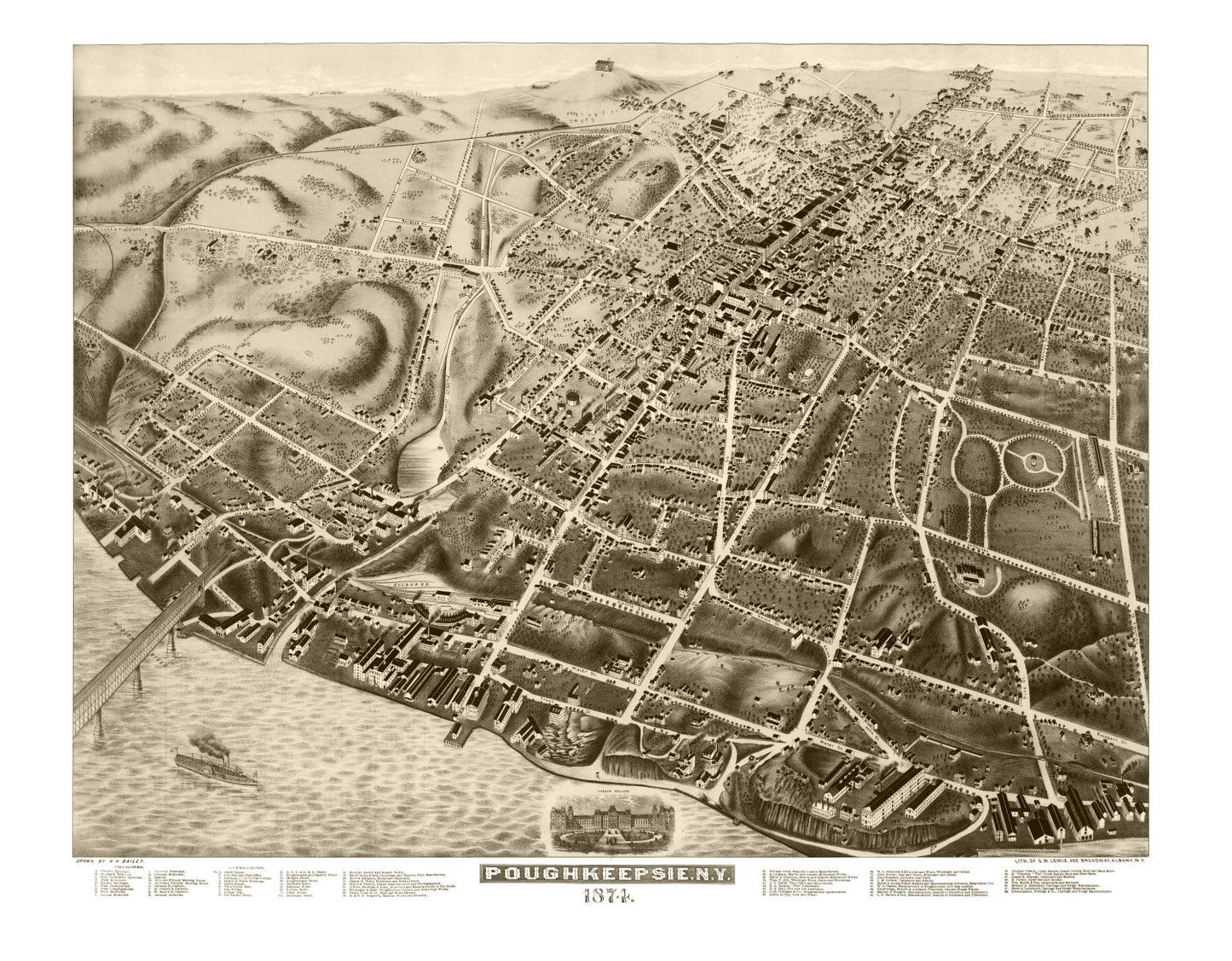Vintage Map of Poughkeepsie, New York, 1874