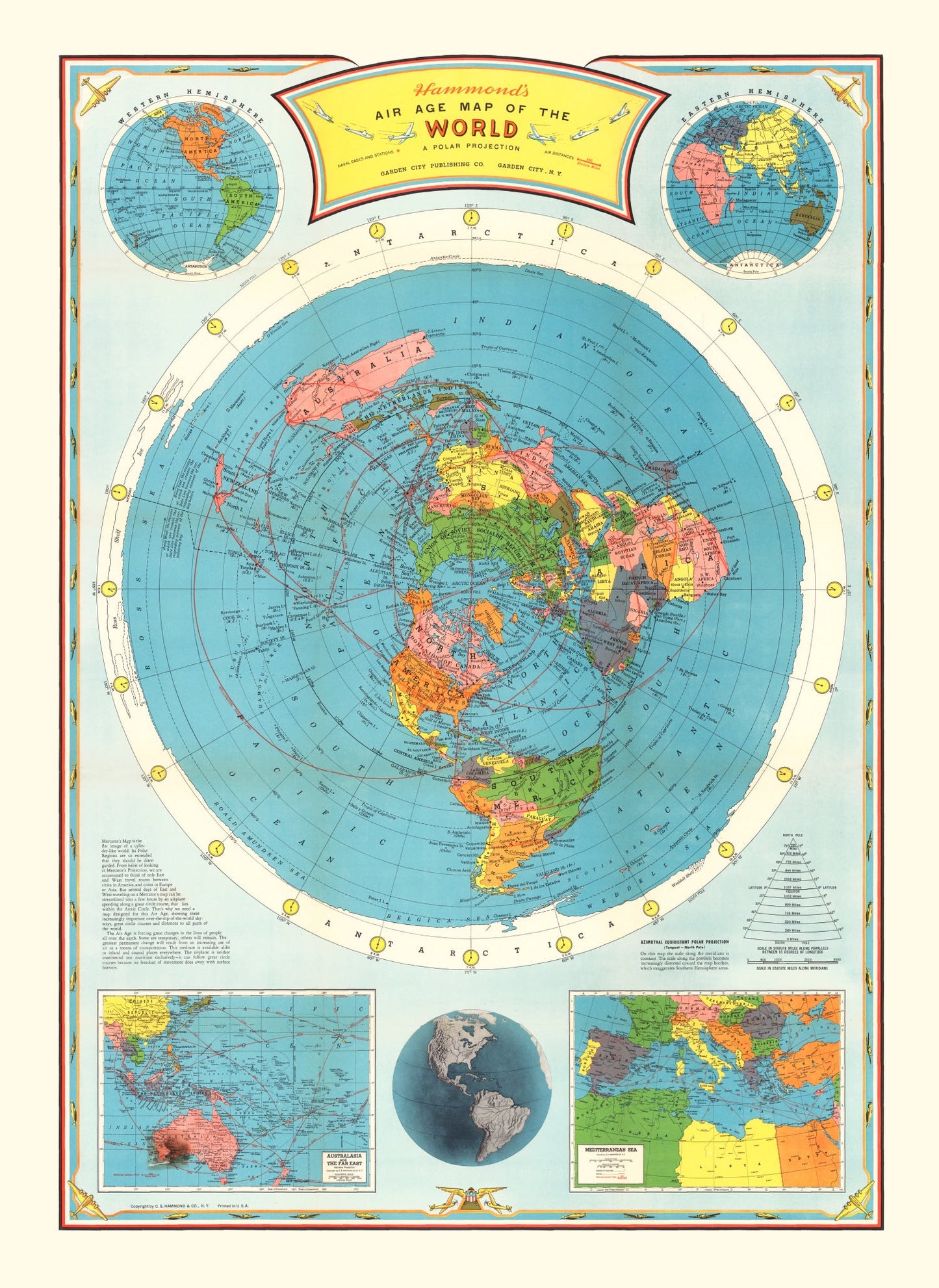 Vintage Air Age Map of the World, 1946