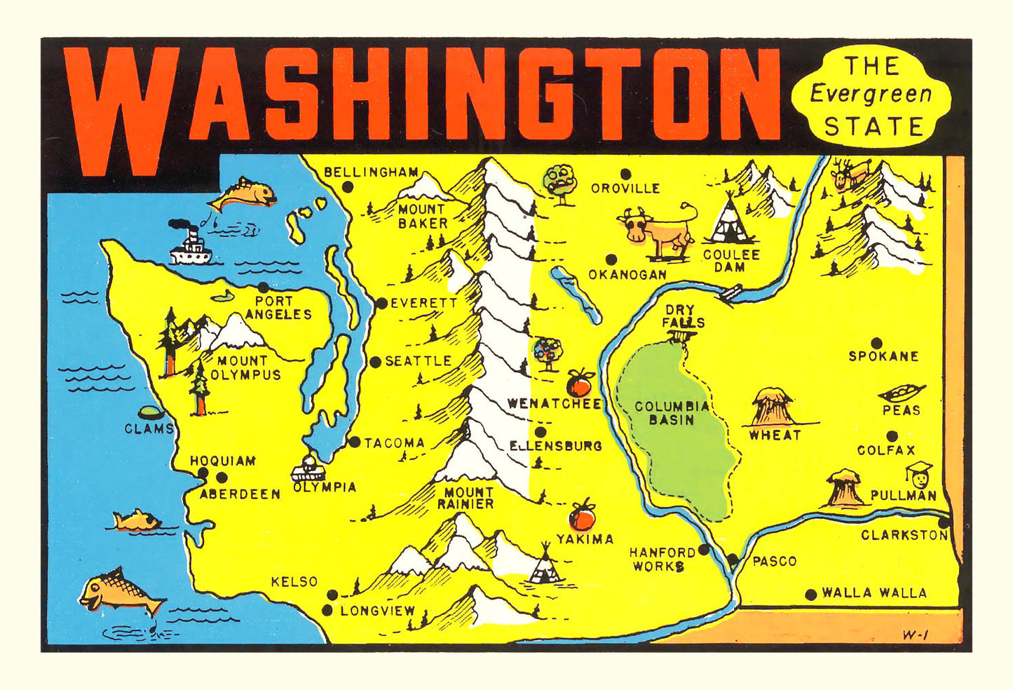 Vintage Map of Washington State, 1950