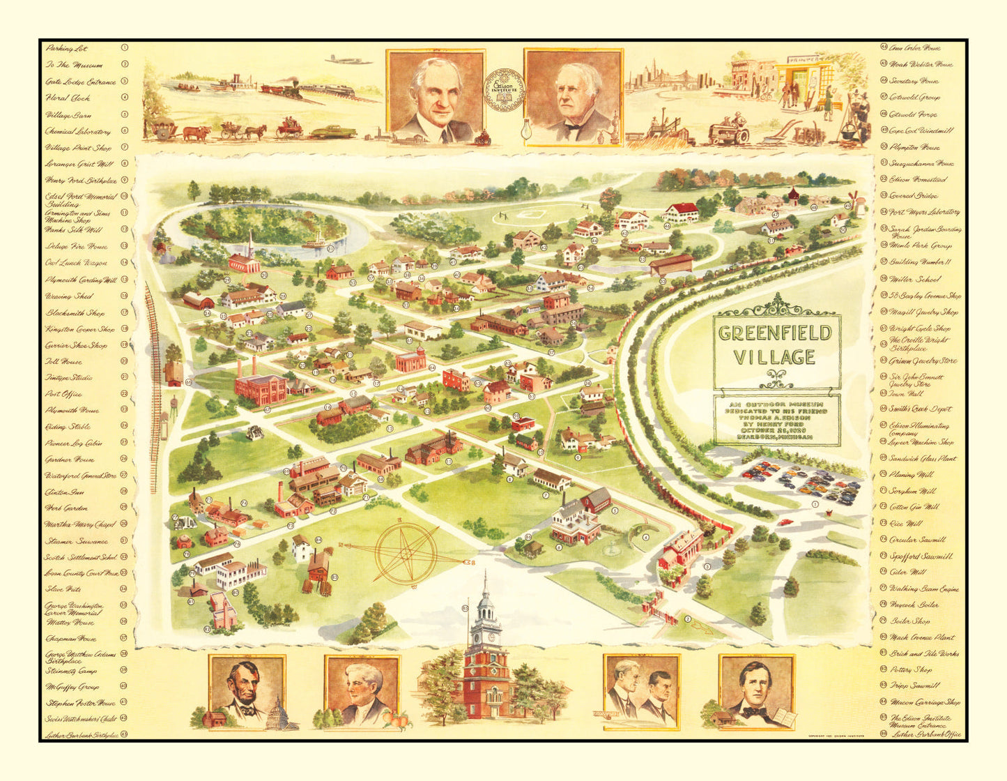 Vintage Map of Greenfield Village, Dearborn, Michigan, 1951