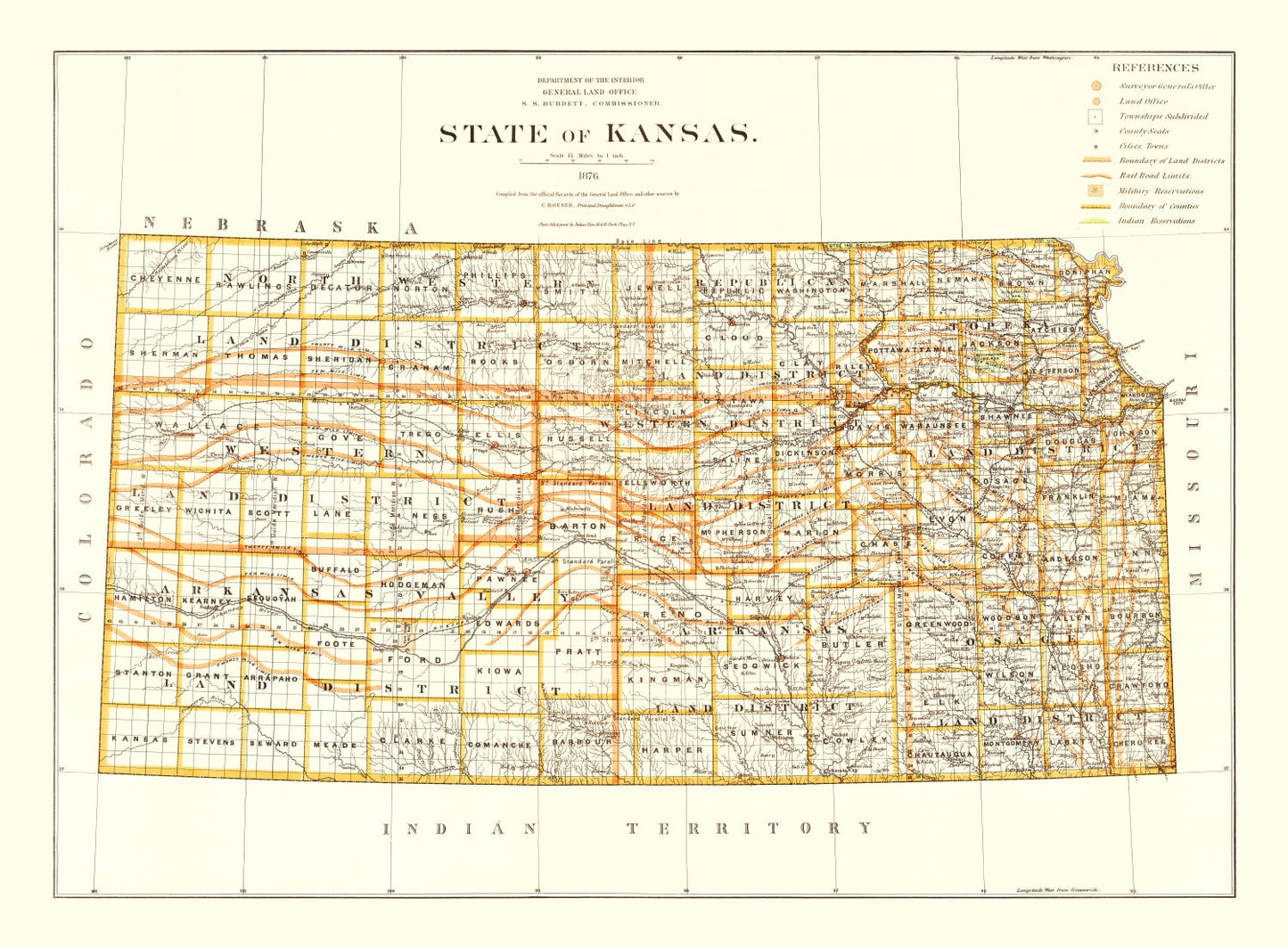 Vintage Map of Kansas, 1876