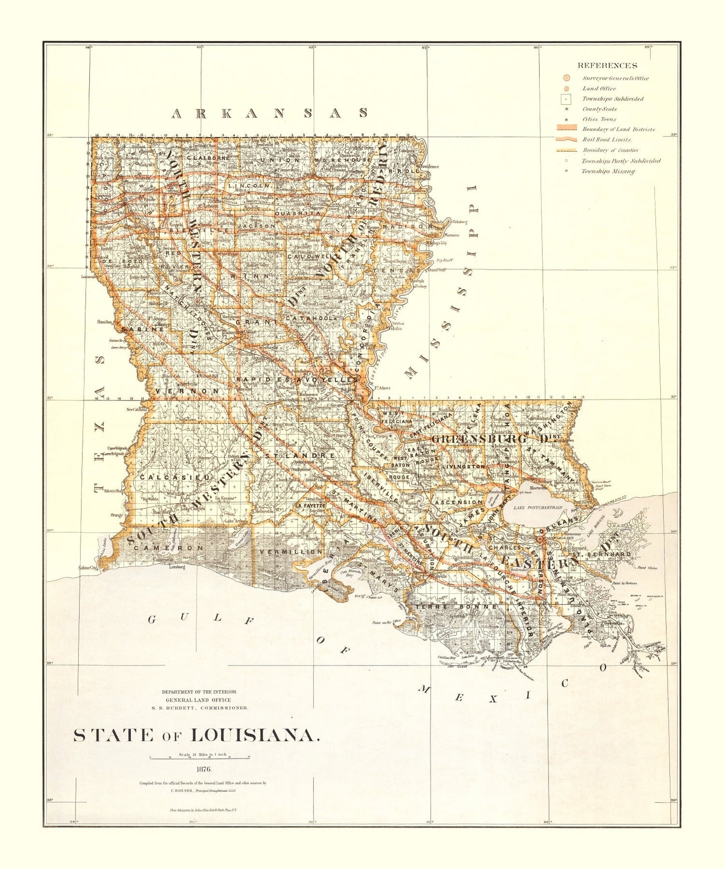 Vintage Map of Louisiana, 1876 III