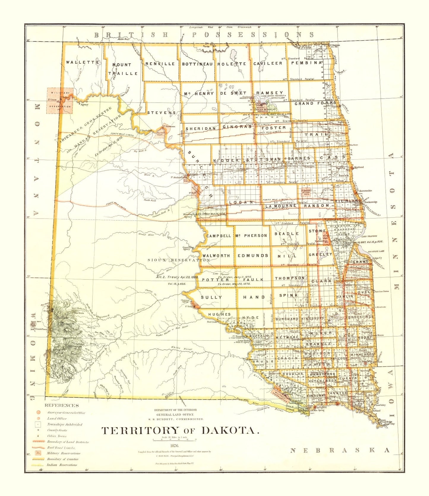 Vintage Map of South Dakota, 1876