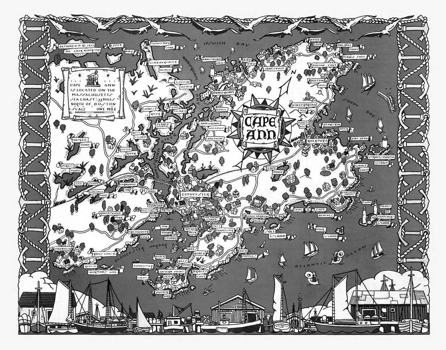 Vintage Map of Cape Ann, Massachusetts, 1937