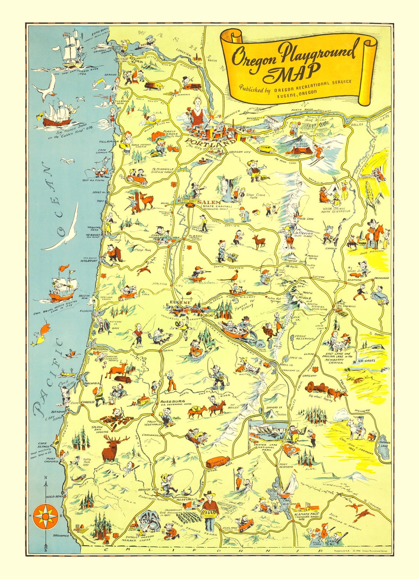 Vintage Map of Oregon, 1936