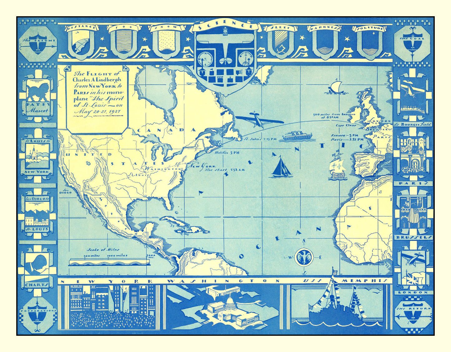 Vintage Map - Flight of Charles Lindbergh, 1927