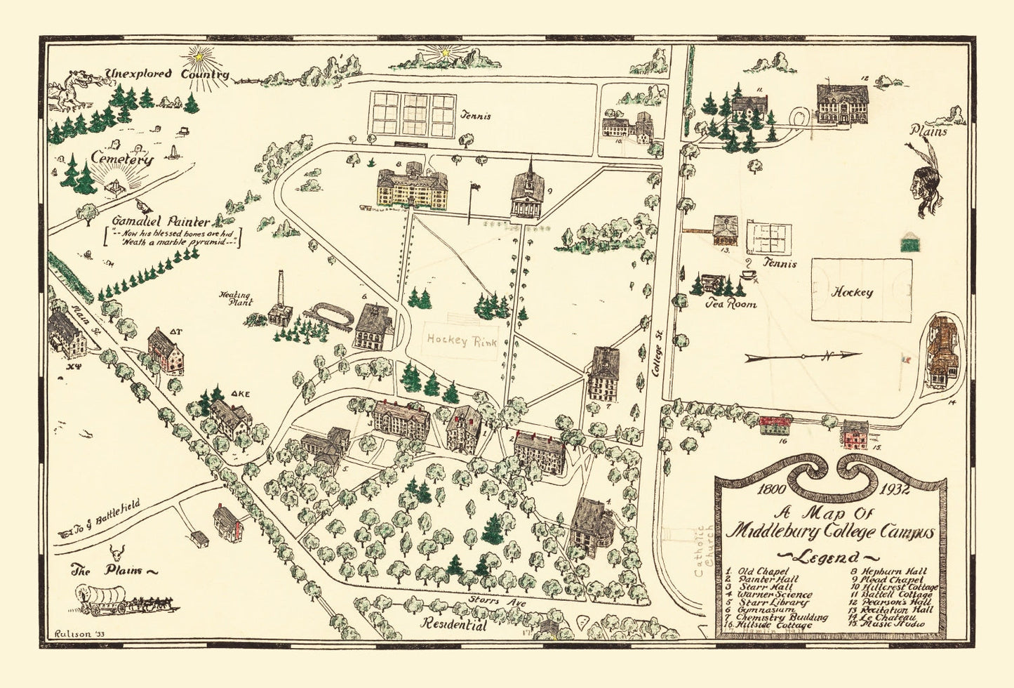 Vintage Map of Middlebury College, Vermont, 1933