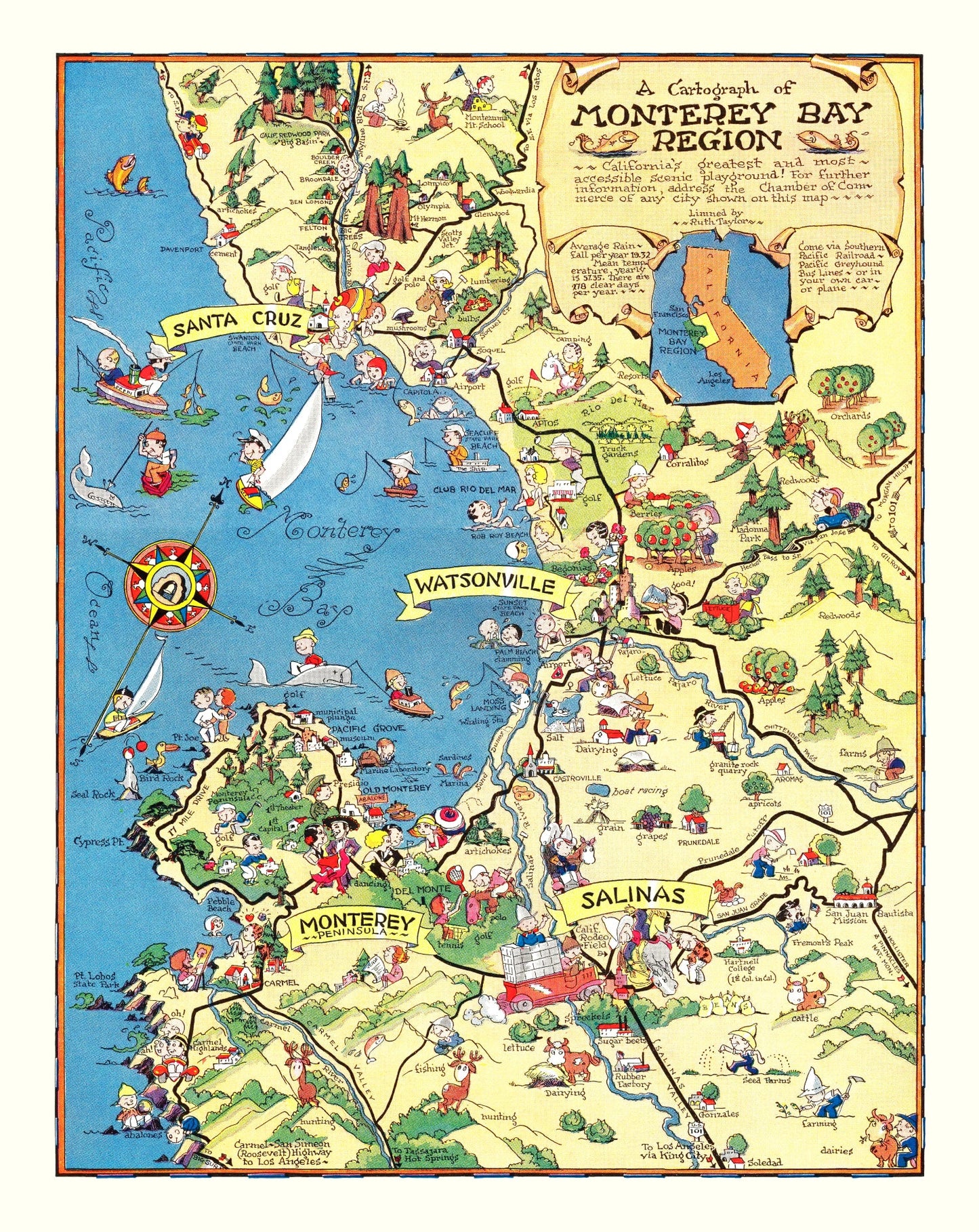 Vintage Map of Monterey County, California, 1932