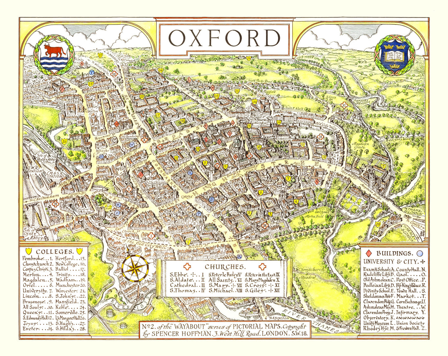 Vintage Map of Oxford, England, 1936