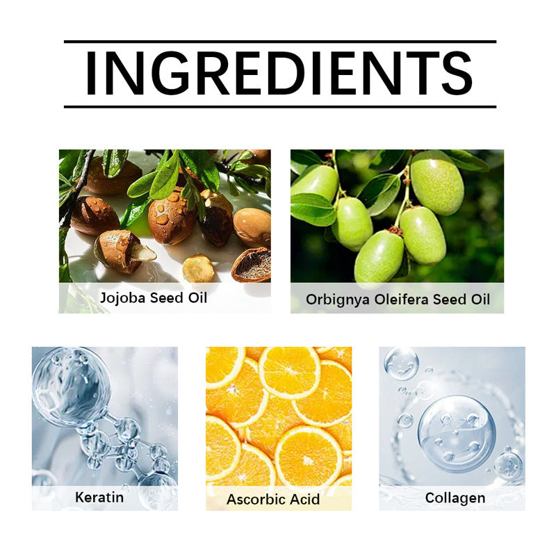 List of ingredients of purple hair mask including Jojoba Seed Oil, Orbignya Oleifera Seed Oil, Keratin, Ascorbic Acid, and Collagen on a white background.