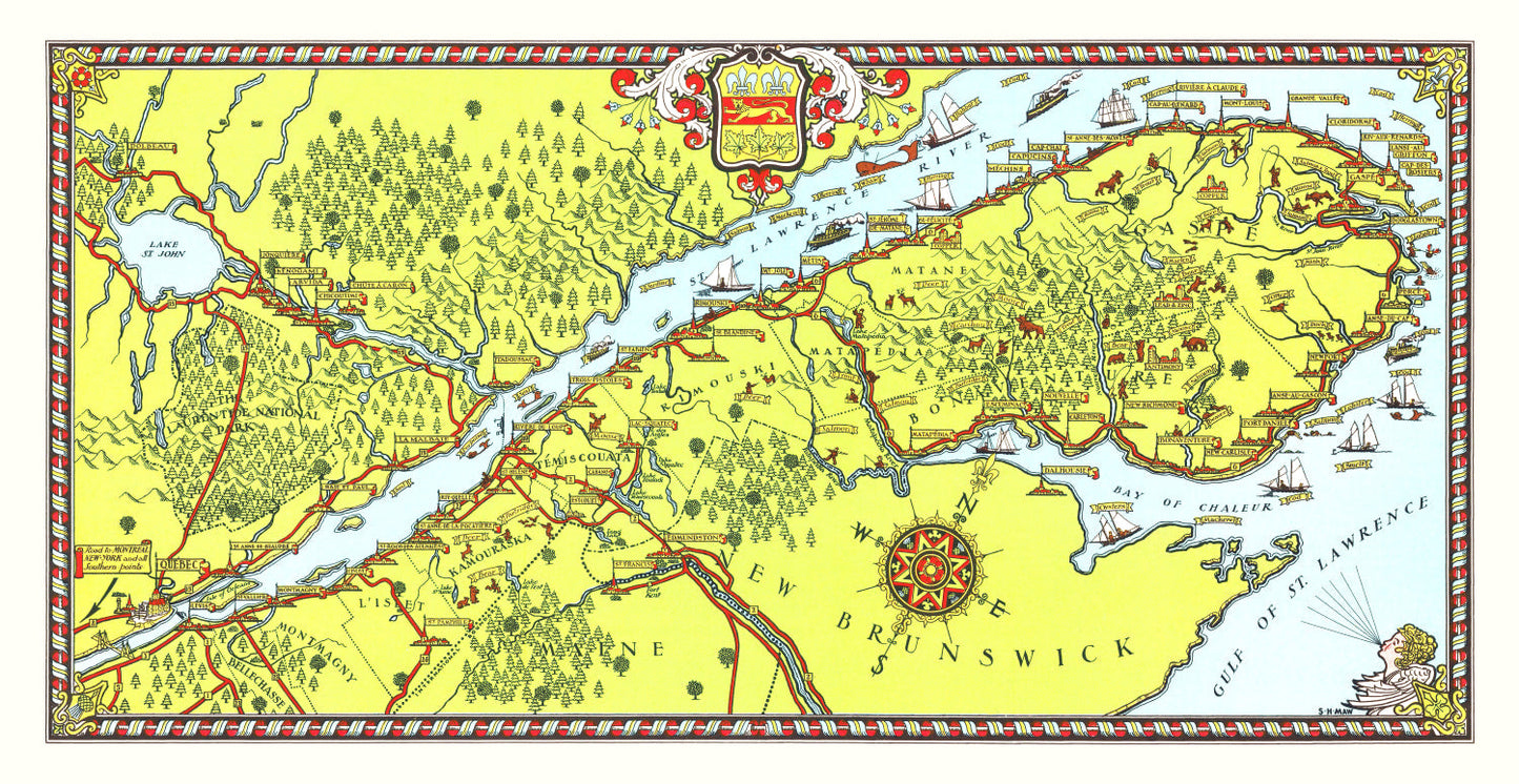 Vintage Map of Gaspe Peninsula, Canada, 1929