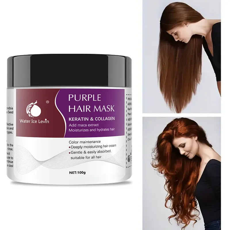 Before and after shine on hair using purple mask
