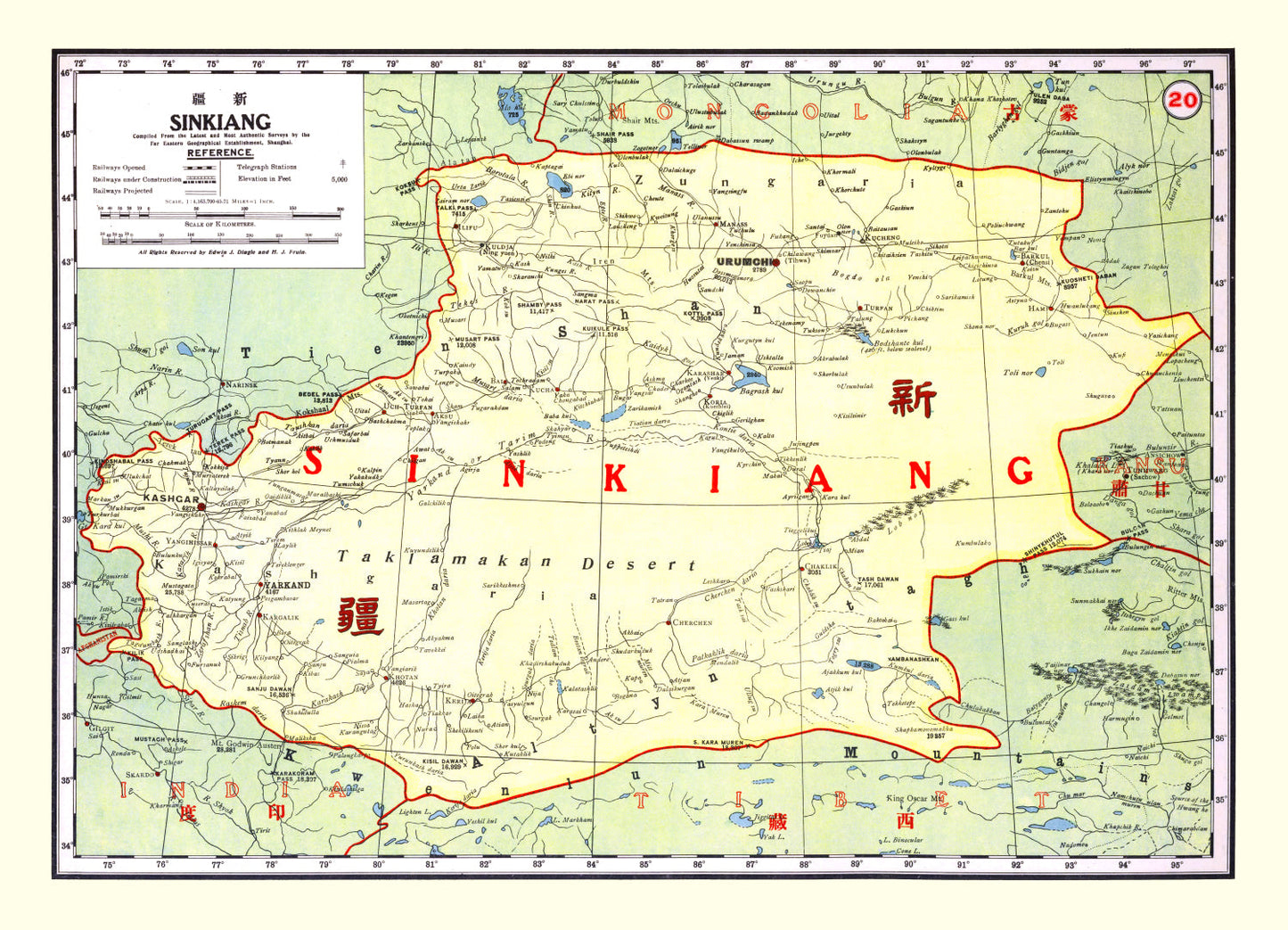 Vintage Map of Sinkiang, China, 1917