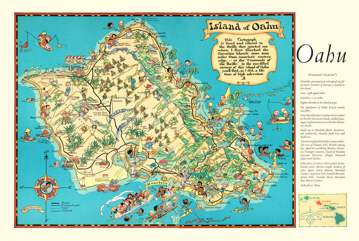 Vintage Map of Oahu, Hawaii, 1935