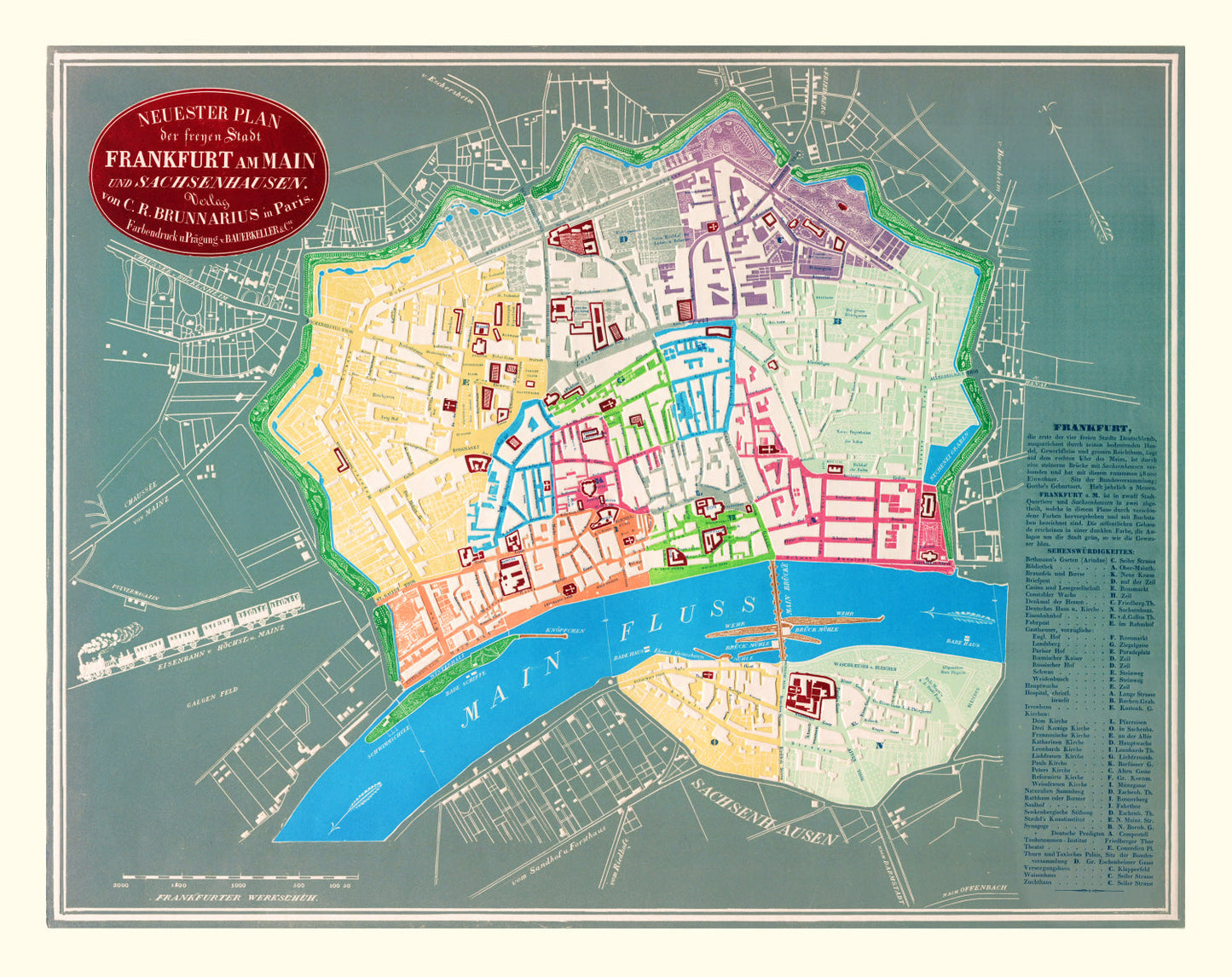 Vintage Map of Frankfurt, Germany, 1844
